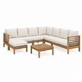 Salon de jardin d'angle 6 places en bois massif d'acacia marron avec coussins beige 280 x 220 cm