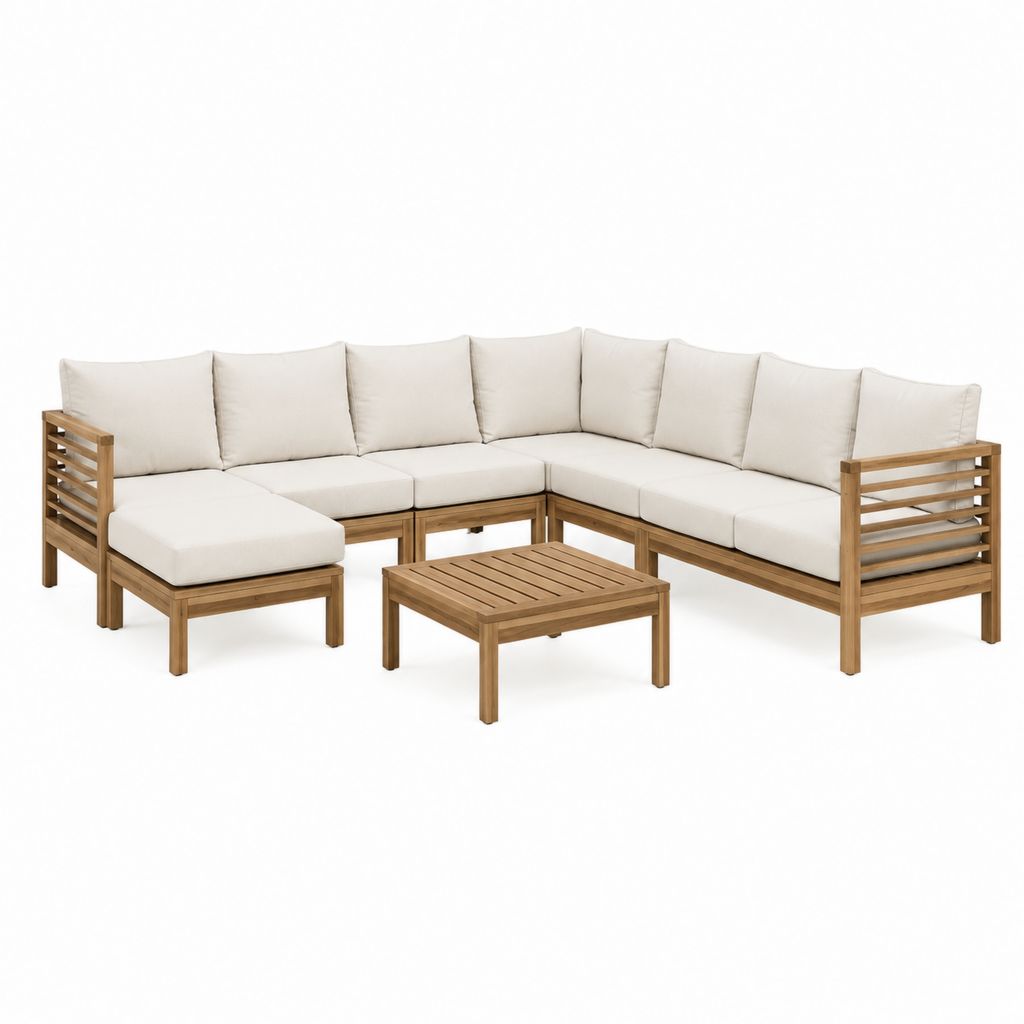 Salon de jardin d'angle 6 places en bois massif d'acacia marron avec coussins beige 280 x 220 cm