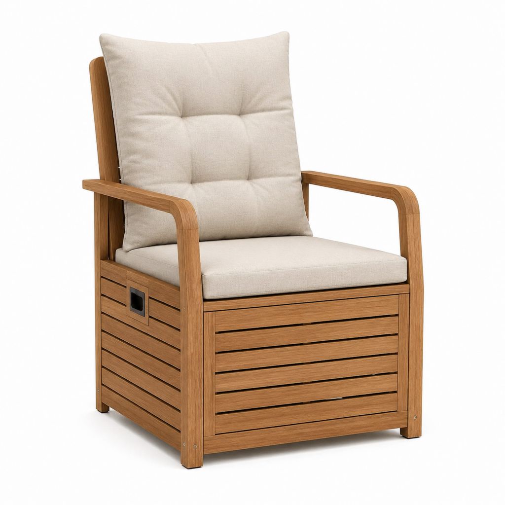Fauteuil de jardin avec coffre brun en acacia massif et coussins beige 68 x 74 x 94 cm