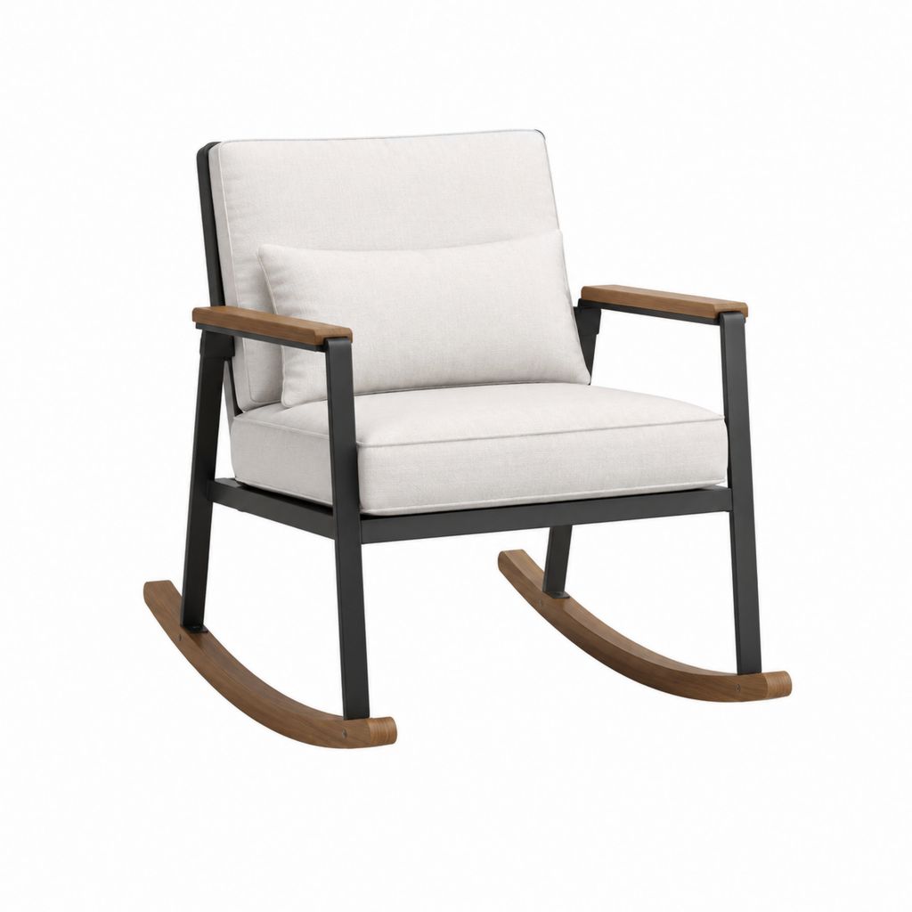 Fauteuil à bascule de jardin beige et noir en acier avec accoudoirs en bois 68 x 90 x 93 cm