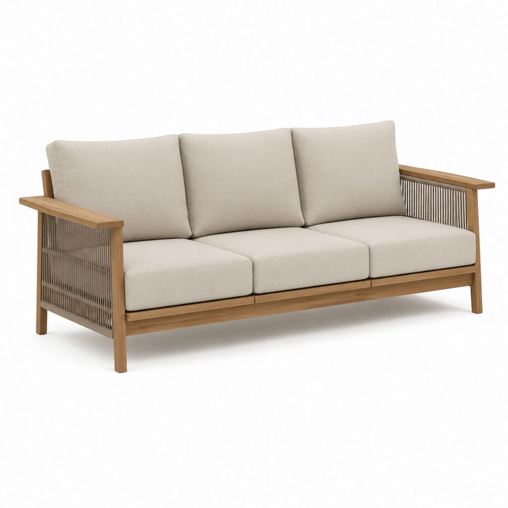Canapé de jardin 3 places beige en acacia massif et corde polypropylène 190 x 75 x 78 cm