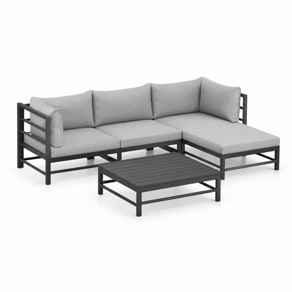 Salon de jardin d'angle 3 places noir et gris en acier thermolaqué avec coussins polyester 210 x 140 cm