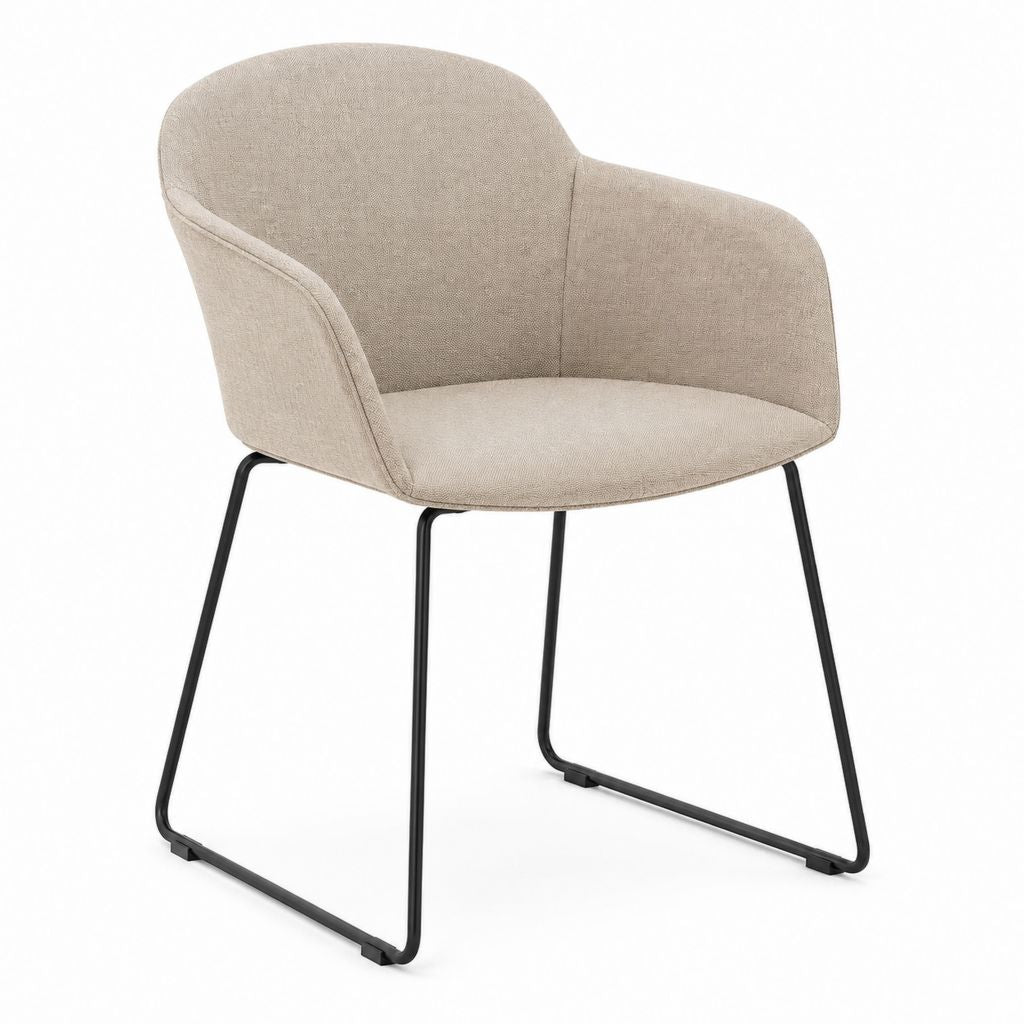 Fauteuil de salle à manger à accoudoirs beige en polyester et acier noir forme arrondie 58 x 60 x 82 cm