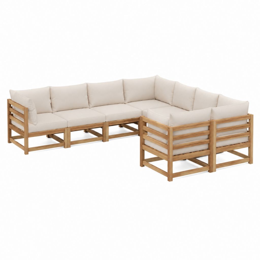 Salon de jardin d'angle modulable 6 places en acacia massif beige avec coussins 280 x 210 x 60 cm