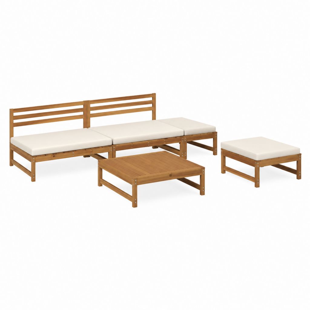 Salon de jardin 4 pièces en acacia massif marron avec coussins crème 2 canapés 120 x 65 x 70 cm table basse 100 x 60 x 35 cm