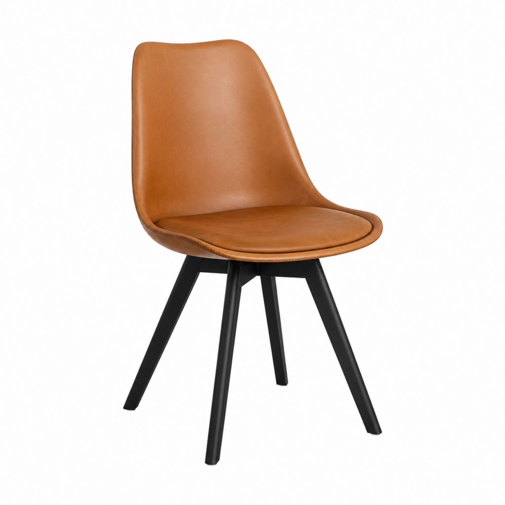 Chaise de salle à manger marron en similicuir PU avec piètement en acier noir assise arrondie 85 x 47 x 54 cm
