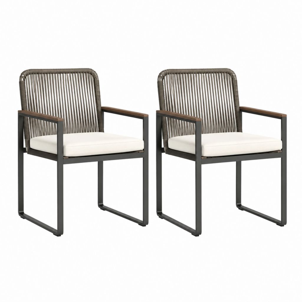Lot de 2 fauteuils de jardin gris et noir en acier thermolaqué avec corde PE et coussins 56 x 63 x 85 cm