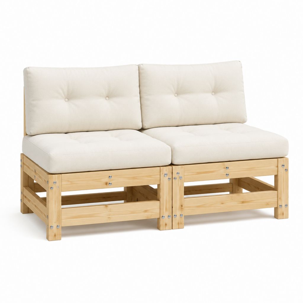 Canapé de jardin 2 places en pin massif naturel avec coussins crème 140 x 70 x 63 cm